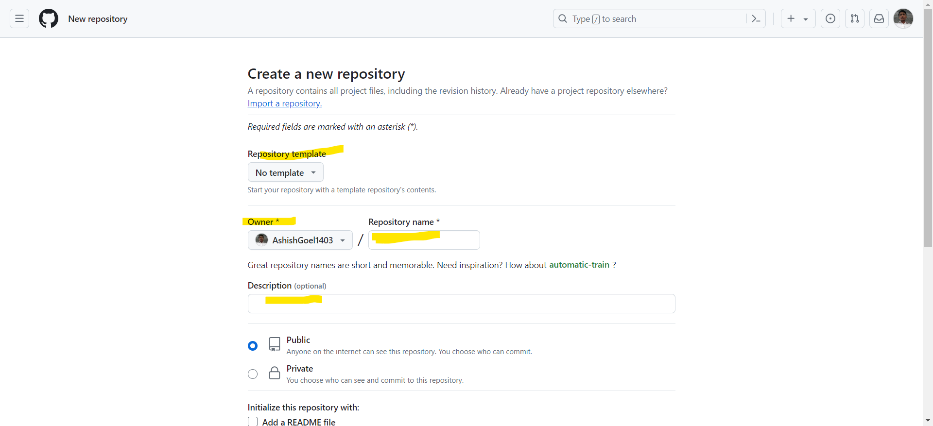 Create a new repository in Github